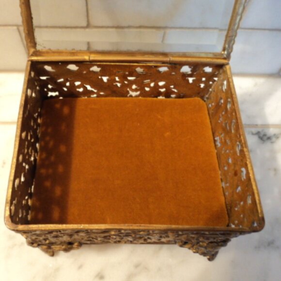 vintage brass filigree ormolu glass casket box - Picture 4 of 7